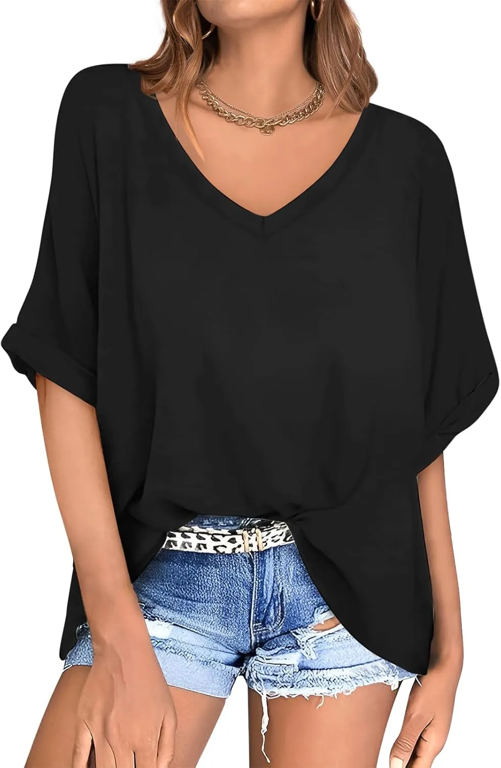 UEU Womens Oversized T-Shirts Summer V Neck Casual Shirts Short Sleeve Workout Tunic Tops