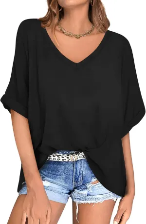 UEU Womens Oversized T-Shirts Summer V Neck Casual Shirts Short Sleeve Workout Tunic Tops