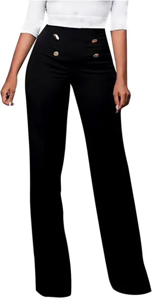 Uillui Dress Pants for Women Business Casual Straight Leg Trouser Dressy High Waist Button Wide Leg Bootleg Pant Work Slacks