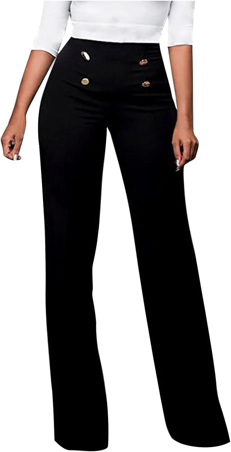 Uillui Dress Pants for Women Business Casual Straight Leg Trouser Dressy High Waist Button Wide Leg Bootleg Pant Work Slacks