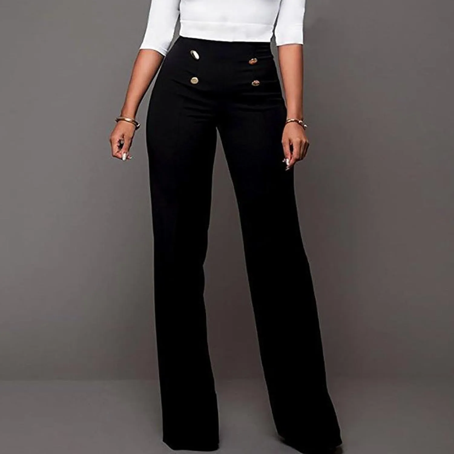 Uillui Dress Pants for Women Business Casual Straight Leg Trouser Dressy High Waist Button Wide Leg Bootleg Pant Work Slacks