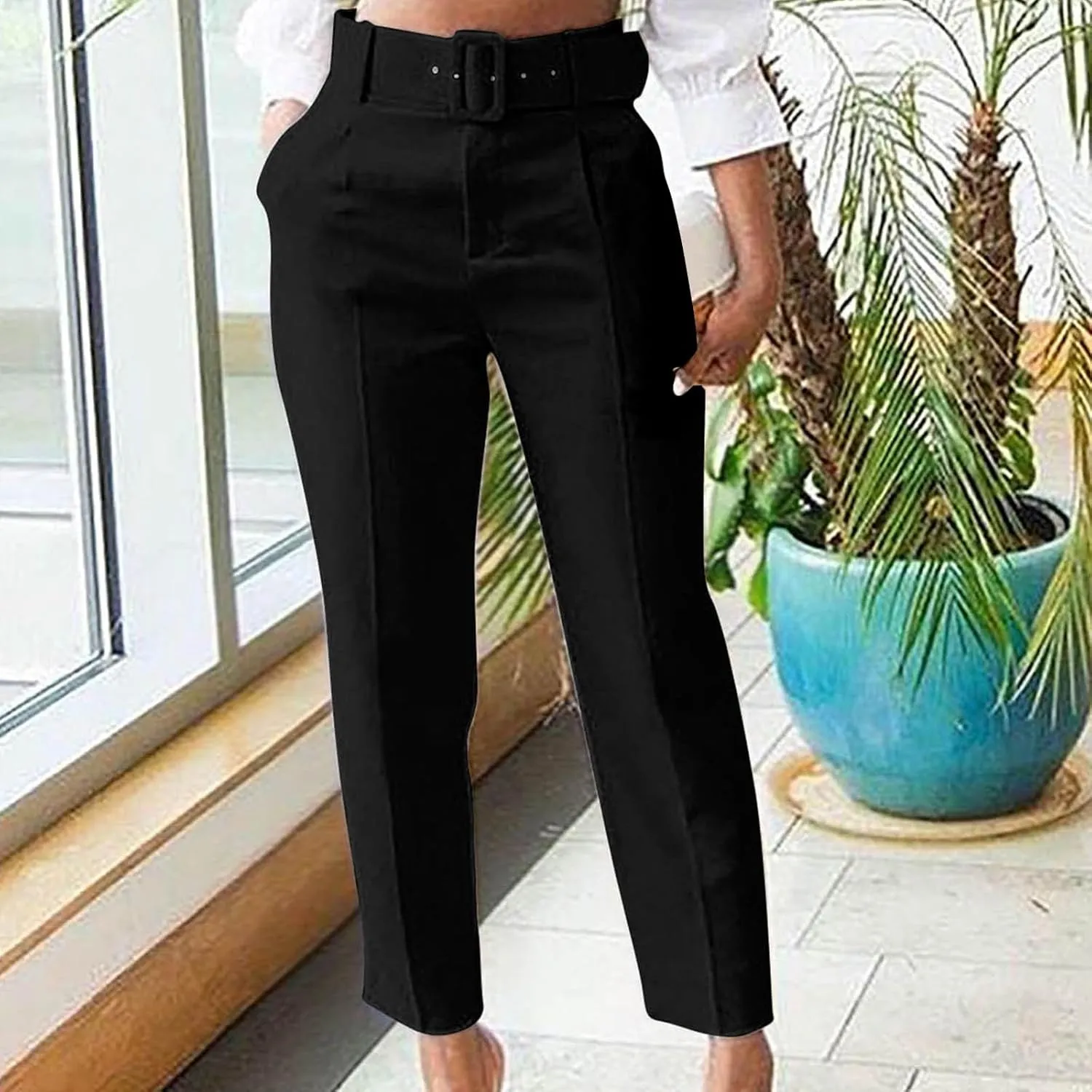 Uillui Dress Suit Pants for Women Business Casual Straight Leg Trouser Dressy High Waist Office Work Pant Slacks with Belted
