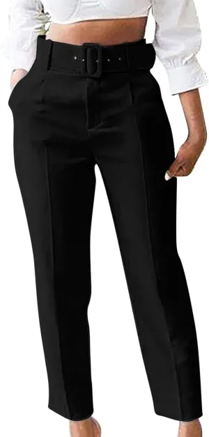Uillui Dress Suit Pants for Women Business Casual Straight Leg Trouser Dressy High Waist Office Work Pant Slacks with Belted