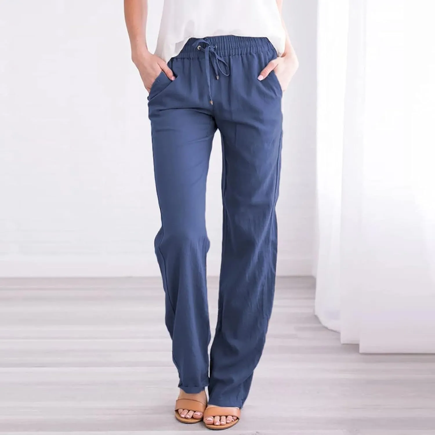 Uillui Pants for Women Casual Comfortable Straight Pants Cotton Linen Elastic Waist Slacks Trousers Loose Fit Wide Leg Pants