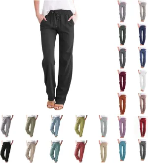 Uillui Pants for Women Casual Comfortable Straight Pants Cotton Linen Elastic Waist Slacks Trousers Loose Fit Wide Leg Pants