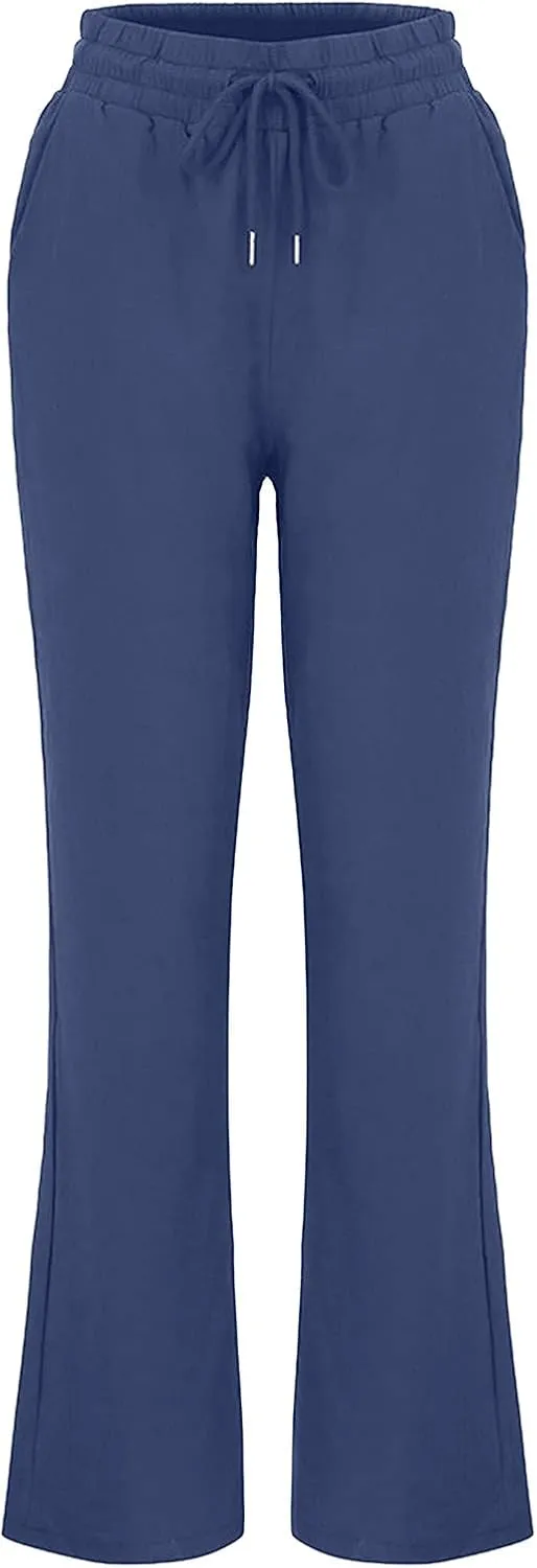 Uillui Pants for Women Casual Comfortable Straight Pants Cotton Linen Elastic Waist Slacks Trousers Loose Fit Wide Leg Pants