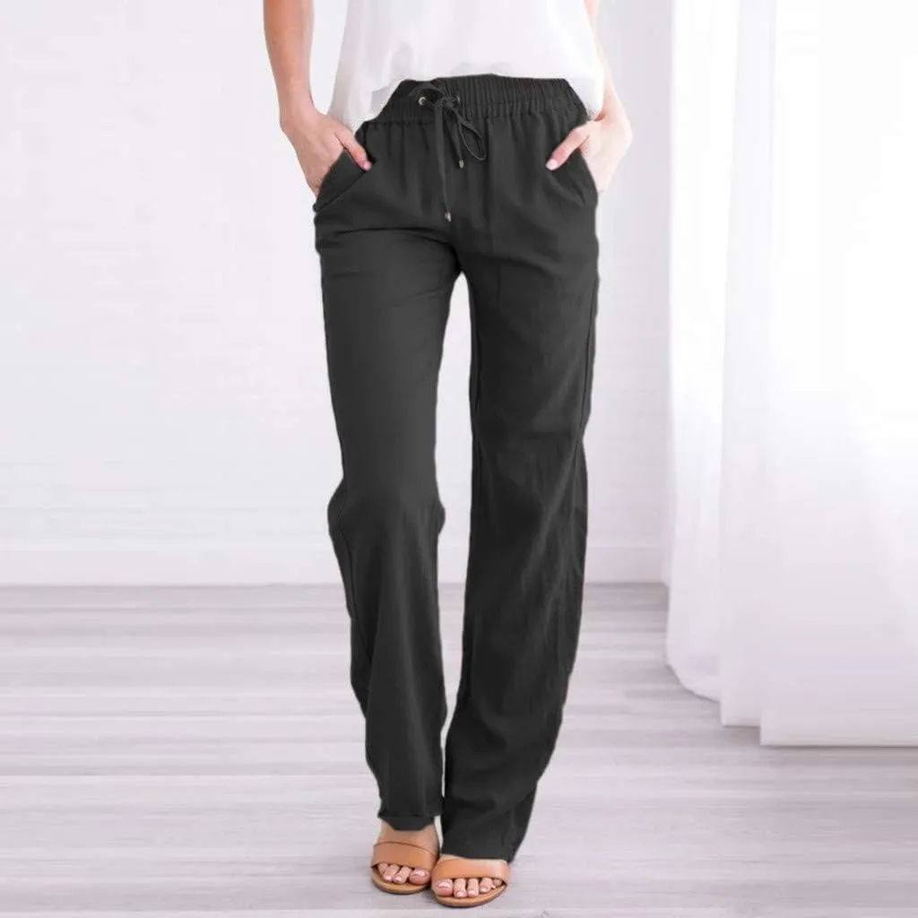 Uillui Pants for Women Casual Comfortable Straight Pants Cotton Linen Elastic Waist Slacks Trousers Loose Fit Wide Leg Pants