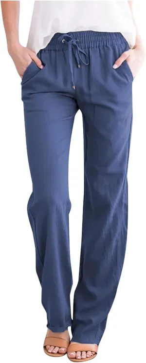 Uillui Pants for Women Casual Comfortable Straight Pants Cotton Linen Elastic Waist Slacks Trousers Loose Fit Wide Leg Pants