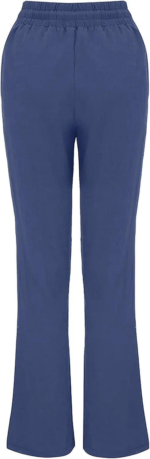 Uillui Pants for Women Casual Comfortable Straight Pants Cotton Linen Elastic Waist Slacks Trousers Loose Fit Wide Leg Pants