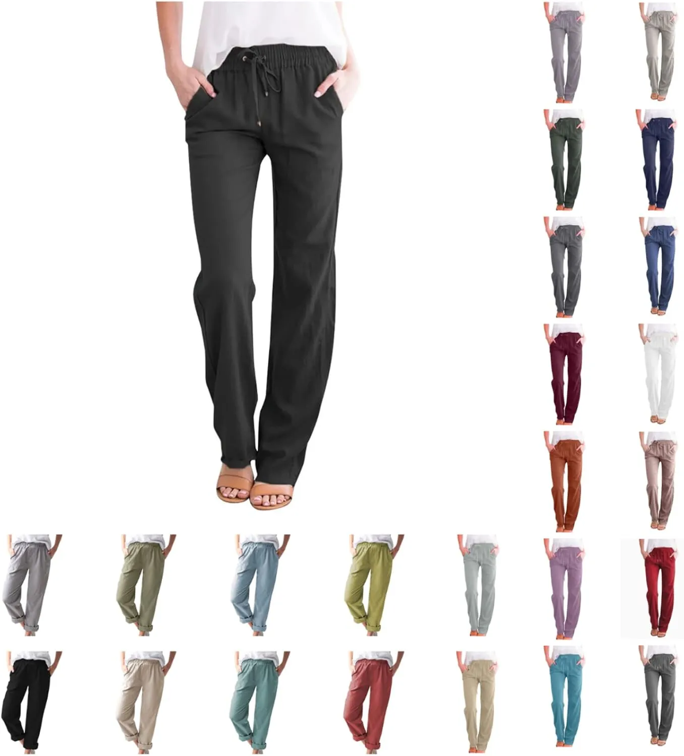 Uillui Pants for Women Casual Comfortable Straight Pants Cotton Linen Elastic Waist Slacks Trousers Loose Fit Wide Leg Pants