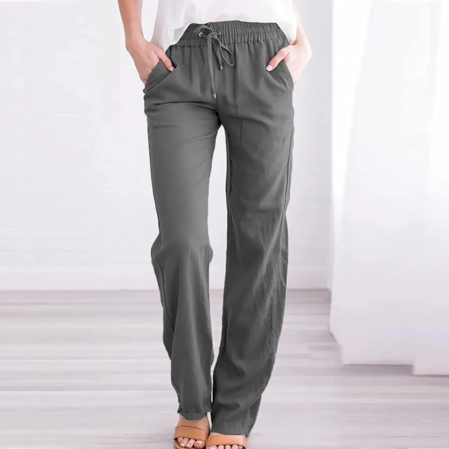 Uillui Women Cotton Linen Baggy Pants Drawstring Elastic Waist Sashes Straight Casual Loose Fit Long Pants Wide Leg Trousers