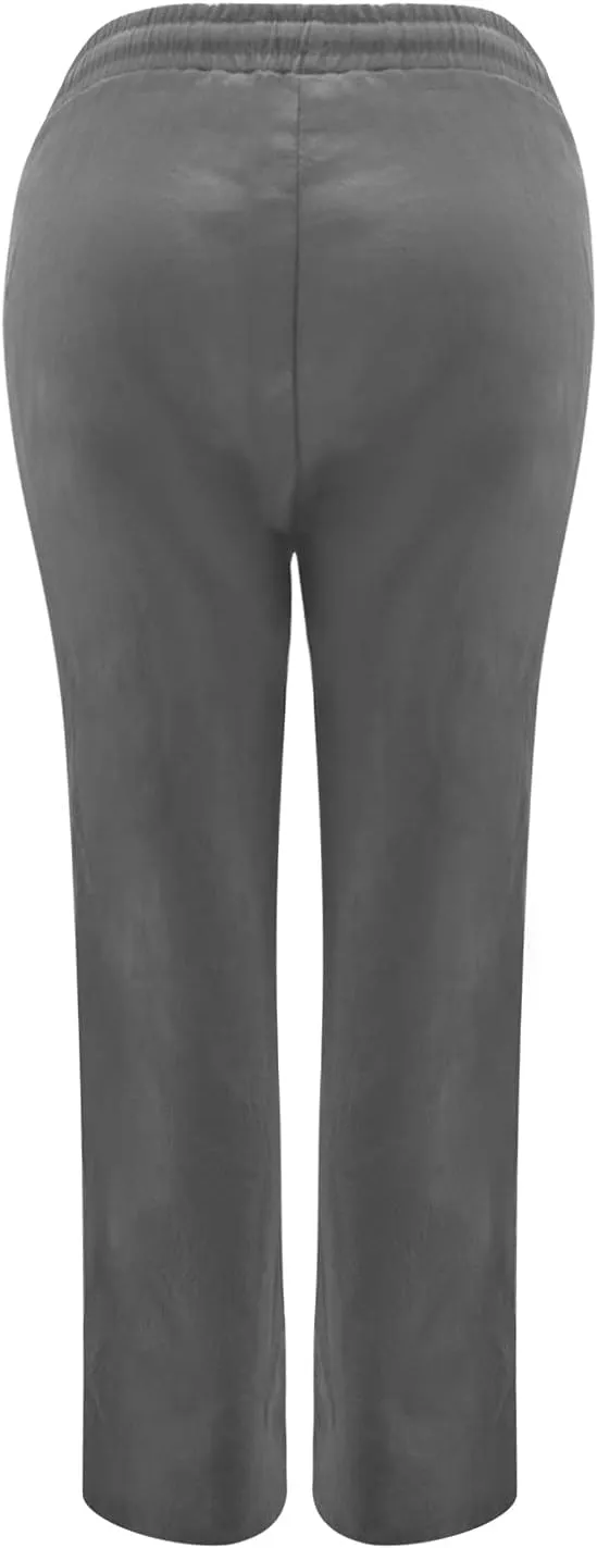 Uillui Women Cotton Linen Baggy Pants Drawstring Elastic Waist Sashes Straight Casual Loose Fit Long Pants Wide Leg Trousers