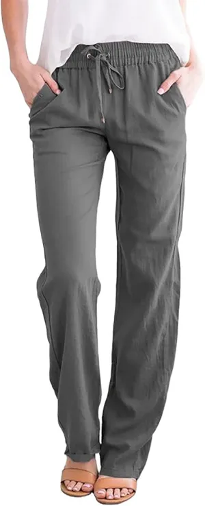 Uillui Women Cotton Linen Baggy Pants Drawstring Elastic Waist Sashes Straight Casual Loose Fit Long Pants Wide Leg Trousers