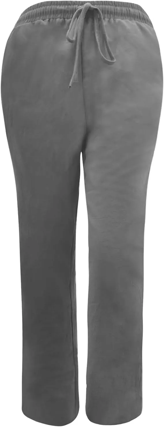 Uillui Women Cotton Linen Baggy Pants Drawstring Elastic Waist Sashes Straight Casual Loose Fit Long Pants Wide Leg Trousers