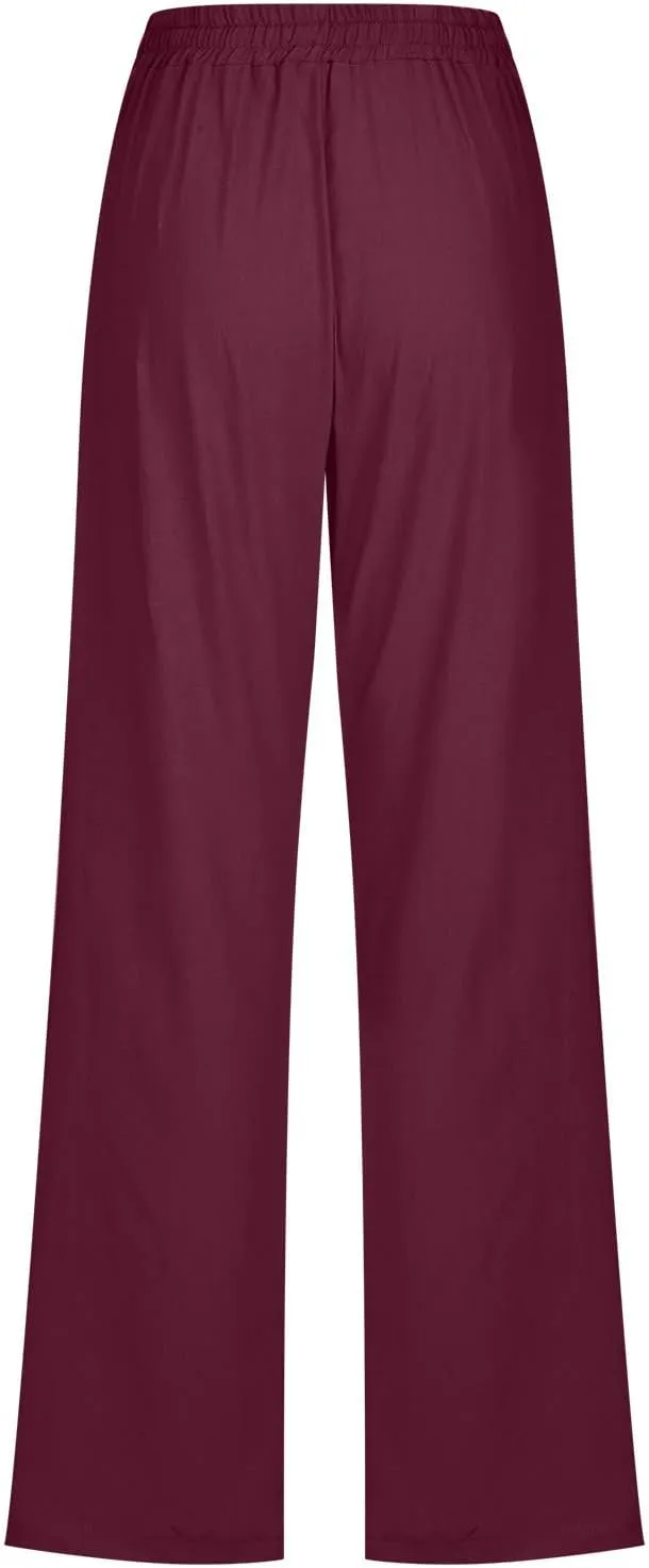 Uillui Work Pants for Women Casual Lightweight Elastic Waist Straight Trousers Summer Loose Cotton Linen Slacks with Pockets