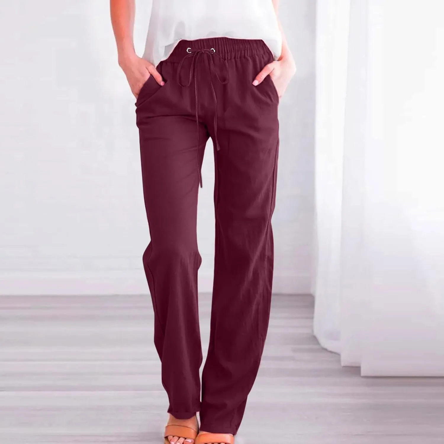 Uillui Work Pants for Women Casual Lightweight Elastic Waist Straight Trousers Summer Loose Cotton Linen Slacks with Pockets