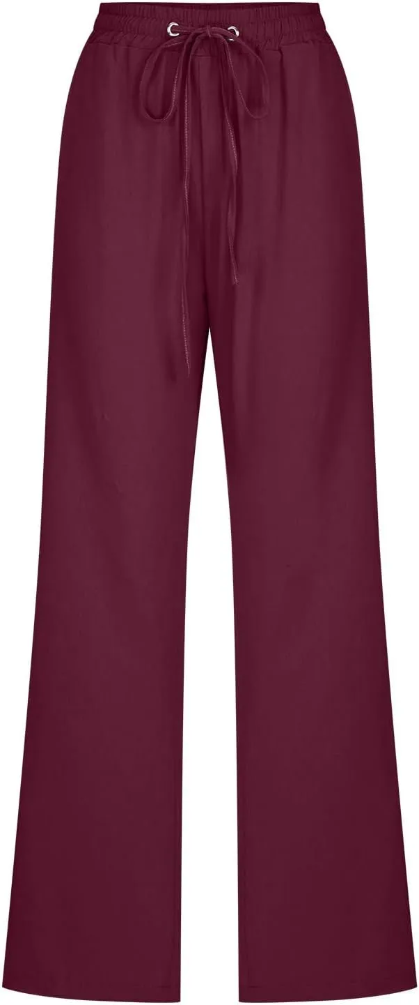 Uillui Work Pants for Women Casual Lightweight Elastic Waist Straight Trousers Summer Loose Cotton Linen Slacks with Pockets
