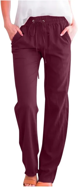 Uillui Work Pants for Women Casual Lightweight Elastic Waist Straight Trousers Summer Loose Cotton Linen Slacks with Pockets
