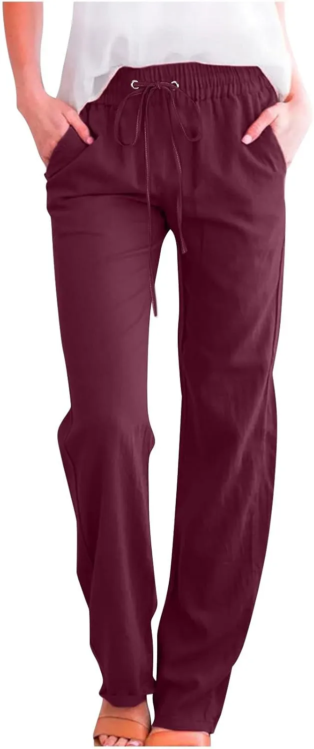 Uillui Work Pants for Women Casual Lightweight Elastic Waist Straight Trousers Summer Loose Cotton Linen Slacks with Pockets
