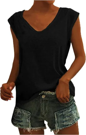 UQRZAU Women's 2024 T Shirts V-Neck T-Shirt Casual Cap Sleeve Vest Solid Loose Blouse Fit Tank Tops T Shirts