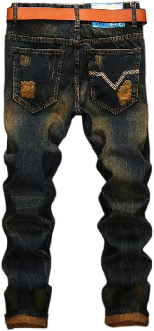 utcoco Men's Slim Fit Mid Waist Straight Leg Ripped Distressed Holes Classic Denim Patches Jeans