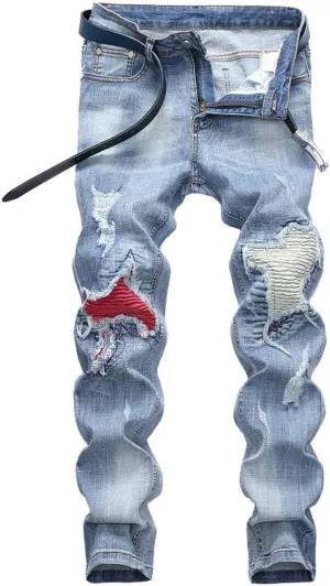 utcoco Men's Slim Fit Mid Waist Straight Leg Ripped Distressed Holes Classic Denim Patches Jeans