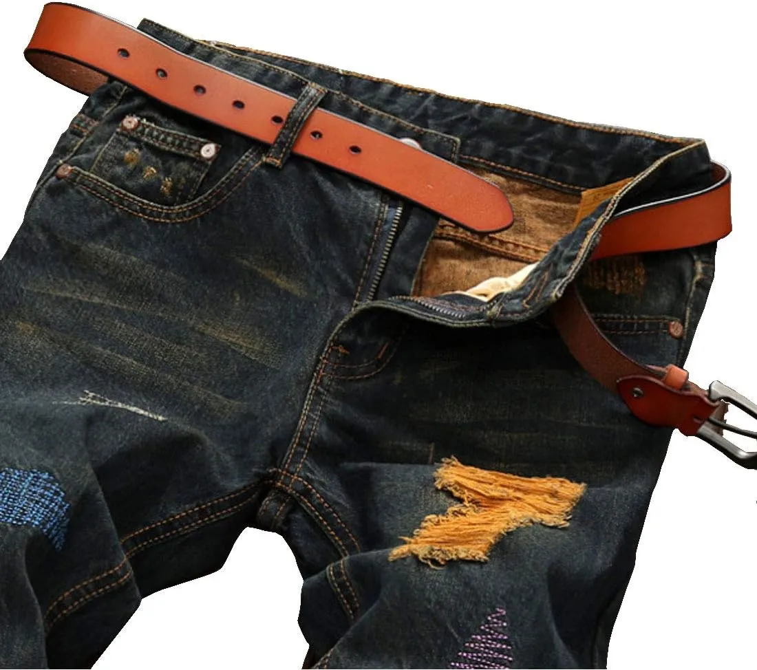 utcoco Men's Slim Fit Mid Waist Straight Leg Ripped Distressed Holes Classic Denim Patches Jeans