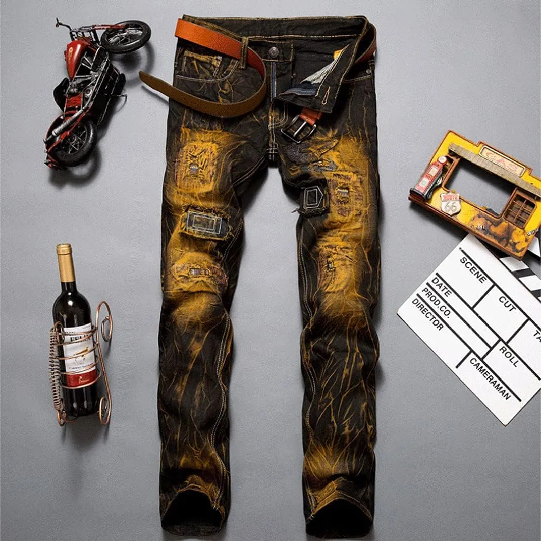 utcoco Men's Slim Fit Mid Waist Straight Leg Ripped Distressed Holes Classic Denim Patches Jeans