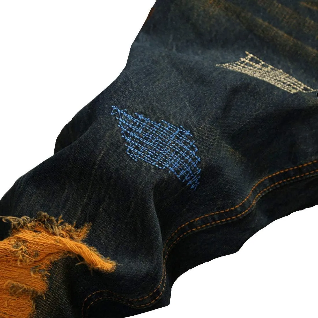 utcoco Men's Slim Fit Mid Waist Straight Leg Ripped Distressed Holes Classic Denim Patches Jeans