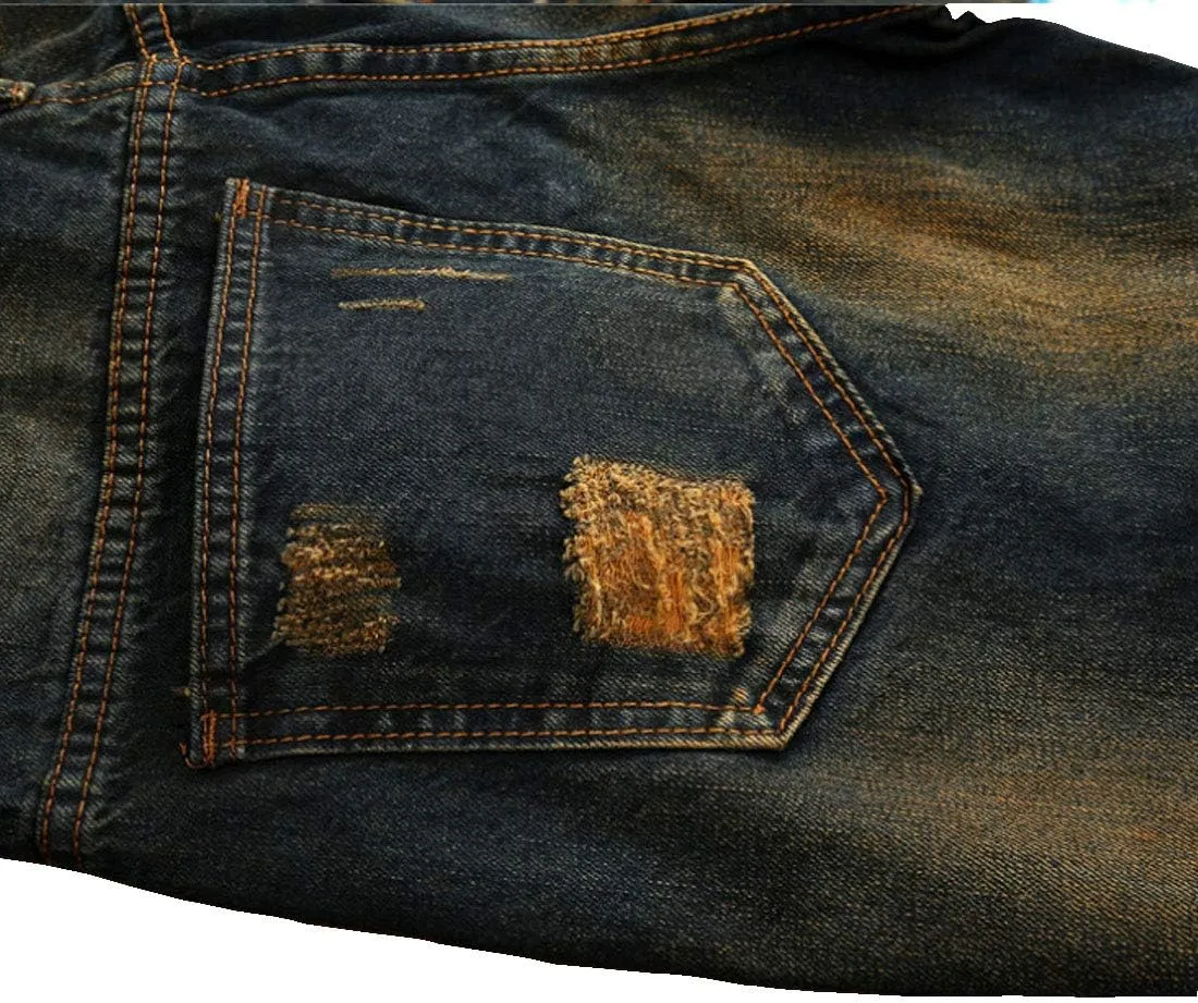 utcoco Men's Slim Fit Mid Waist Straight Leg Ripped Distressed Holes Classic Denim Patches Jeans