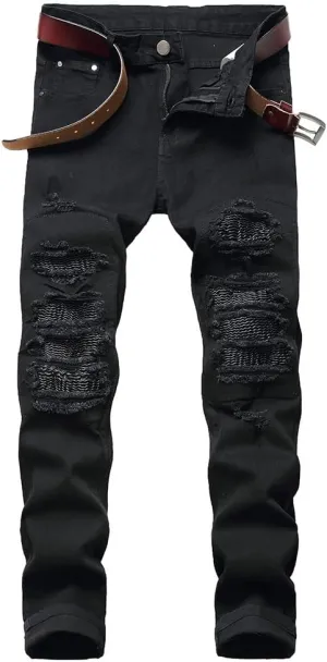 utcoco Men's Slim Fit Mid Waist Straight Leg Ripped Distressed Holes Classic Denim Patches Jeans