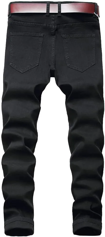 utcoco Men's Slim Fit Mid Waist Straight Leg Ripped Distressed Holes Classic Denim Patches Jeans