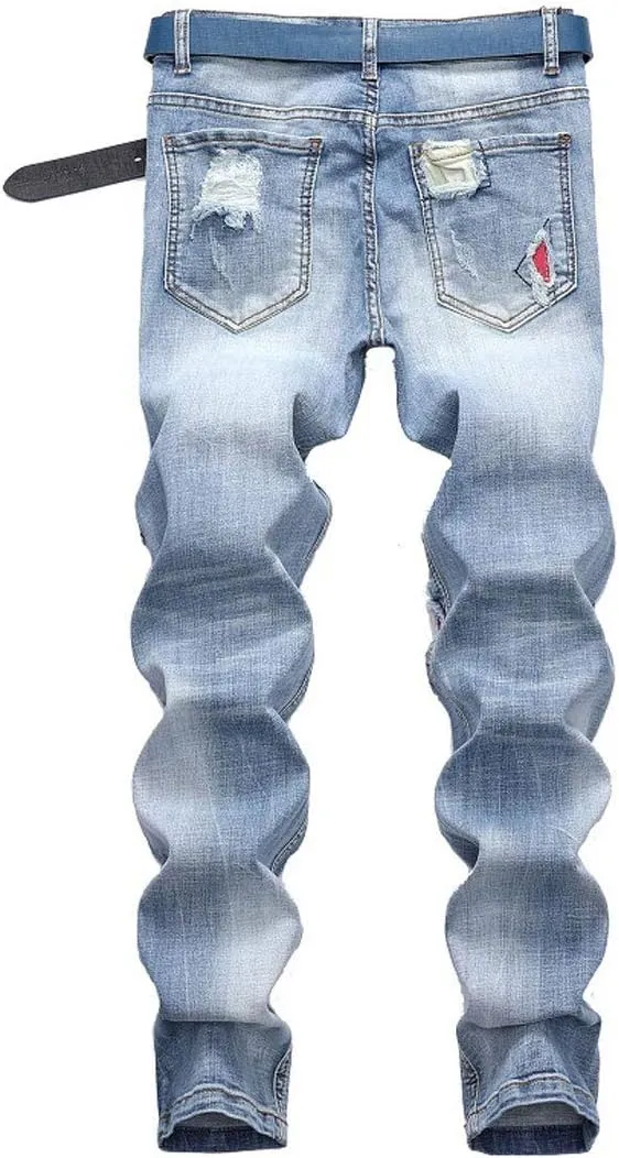 utcoco Men's Slim Fit Mid Waist Straight Leg Ripped Distressed Holes Classic Denim Patches Jeans