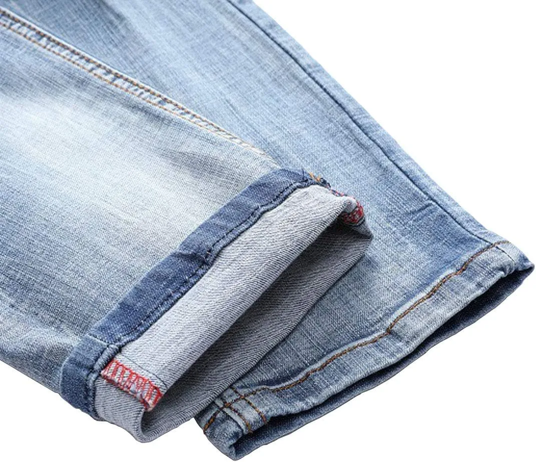 utcoco Men's Slim Fit Mid Waist Straight Leg Ripped Distressed Holes Classic Denim Patches Jeans