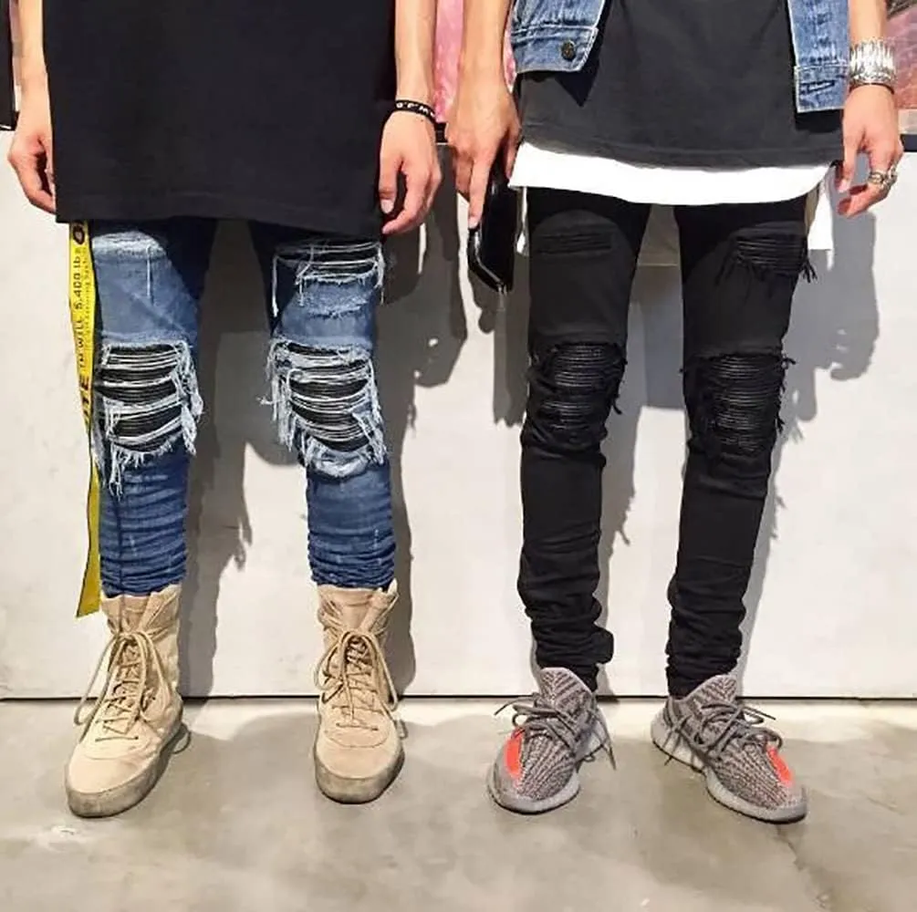utcoco Men's Slim Fit Mid Waist Straight Leg Ripped Distressed Holes Classic Denim Patches Jeans