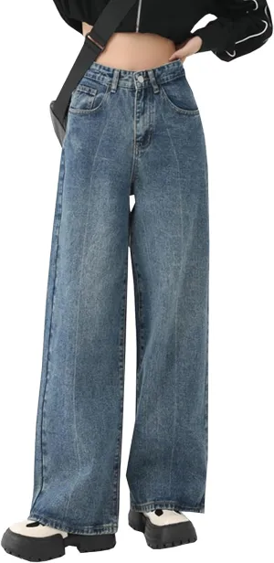 Viatabuna Loose Fit Jeans for Women High Waist Petite Wide Leg Boyfriend Mom Jeans Y2k Baggy Straight Leg Denim Trousers