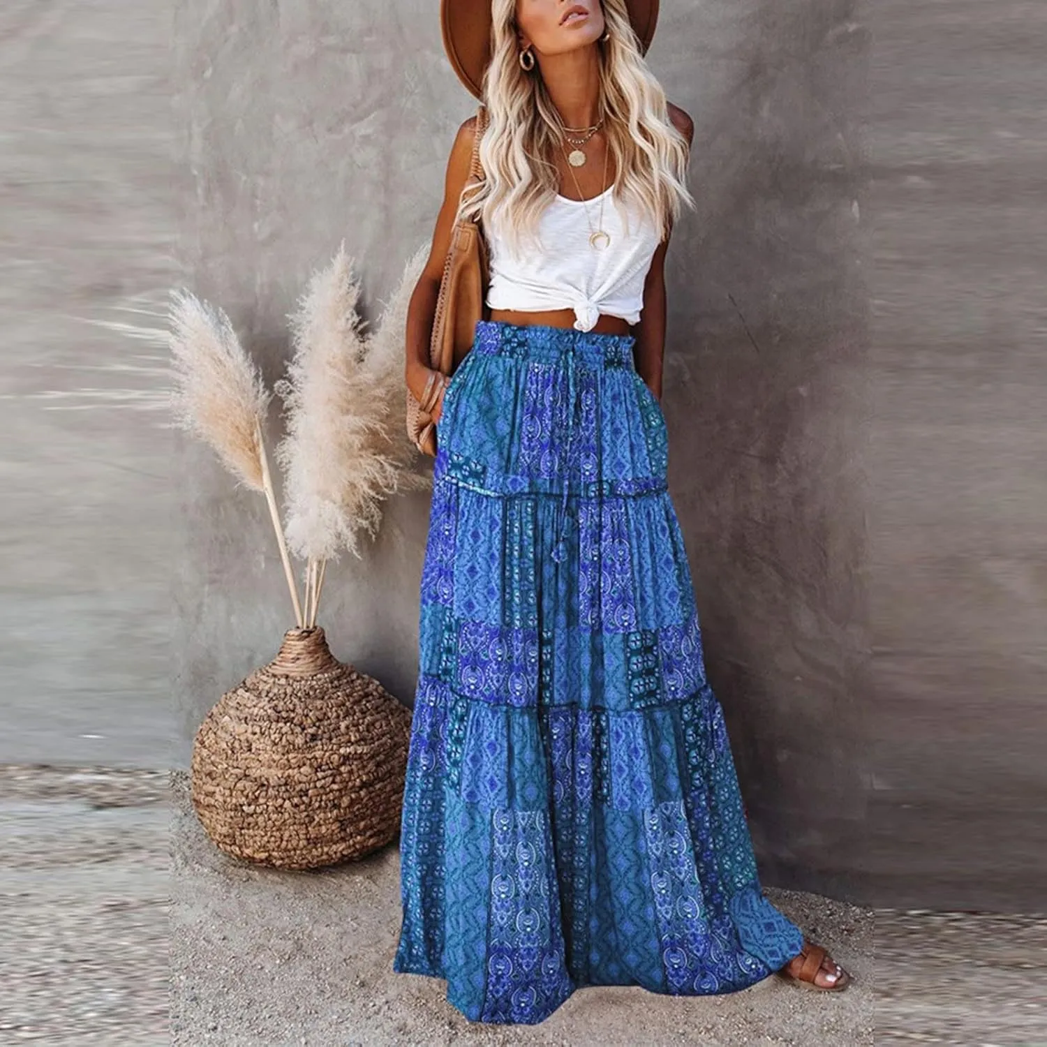 Vintage Boho Maxi Skirt for Women Summer Layered Ruffle A-Line Skirts Elastic High Waist Casual Flowy Beach Skirt