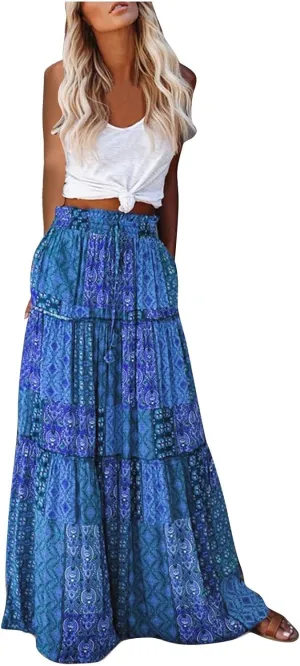 Vintage Boho Maxi Skirt for Women Summer Layered Ruffle A-Line Skirts Elastic High Waist Casual Flowy Beach Skirt