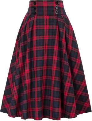 Vintage Plaid Skirt for Women High Waisted Midi A-line Skirts Pleated Skirt with Pockets Tartan Maxi Skirts