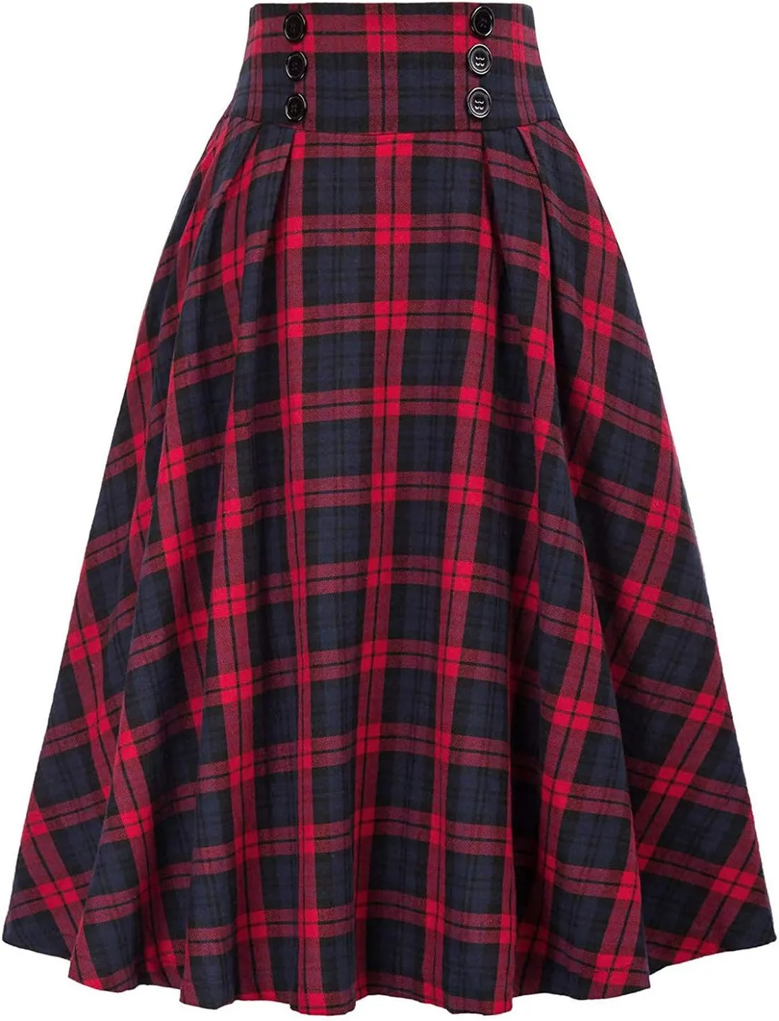 Vintage Plaid Skirt for Women High Waisted Midi A-line Skirts Pleated Skirt with Pockets Tartan Maxi Skirts