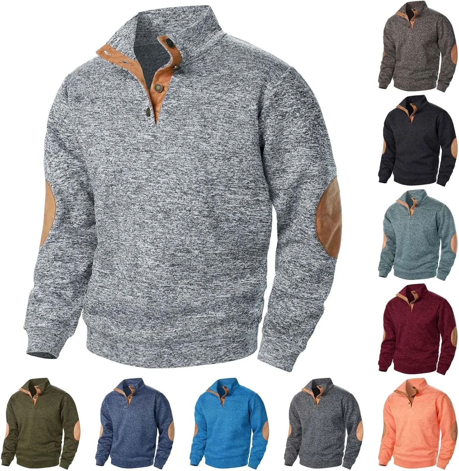 Vintage Polo Sweatshirt for Men 2024 Trendy Stand Collar Long Sleeve Patterned Pullover Elbow Patch Button Casual Top