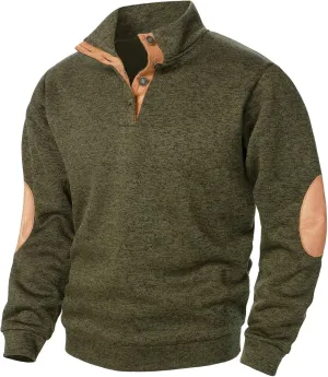 Vintage Polo Sweatshirt for Men 2024 Trendy Stand Collar Long Sleeve Patterned Pullover Elbow Patch Button Casual Top