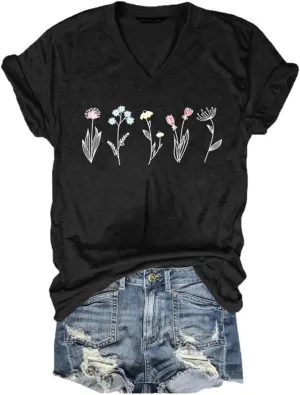 Vintage Wildflower Shirt Womens Graphic Tees V Neck Garden Lover Tops
