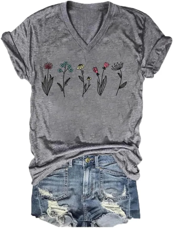 Vintage Wildflower Shirt Womens Graphic Tees V Neck Garden Lover Tops