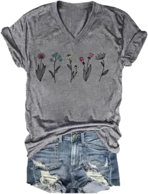 Vintage Wildflower Shirt Womens Graphic Tees V Neck Garden Lover Tops