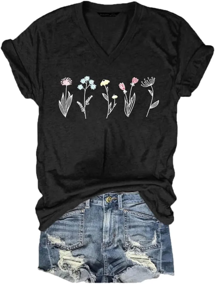 Vintage Wildflower Shirt Womens Graphic Tees V Neck Garden Lover Tops