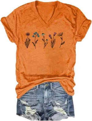 Vintage Wildflower Shirt Womens Graphic Tees V Neck Garden Lover Tops