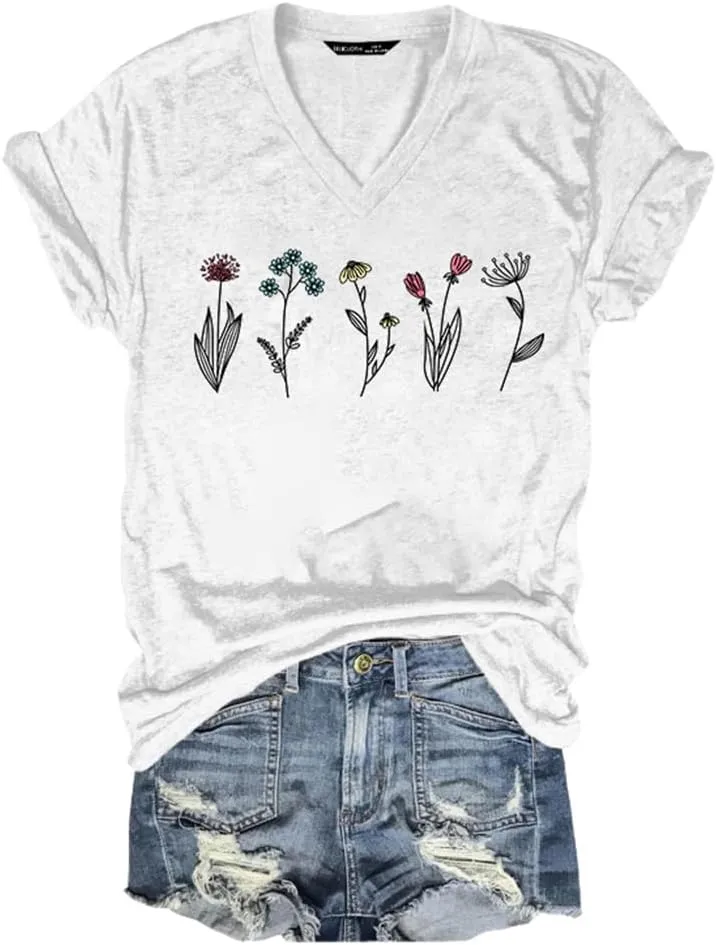 Vintage Wildflower Shirt Womens Graphic Tees V Neck Garden Lover Tops
