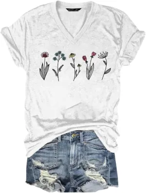 Vintage Wildflower Shirt Womens Graphic Tees V Neck Garden Lover Tops