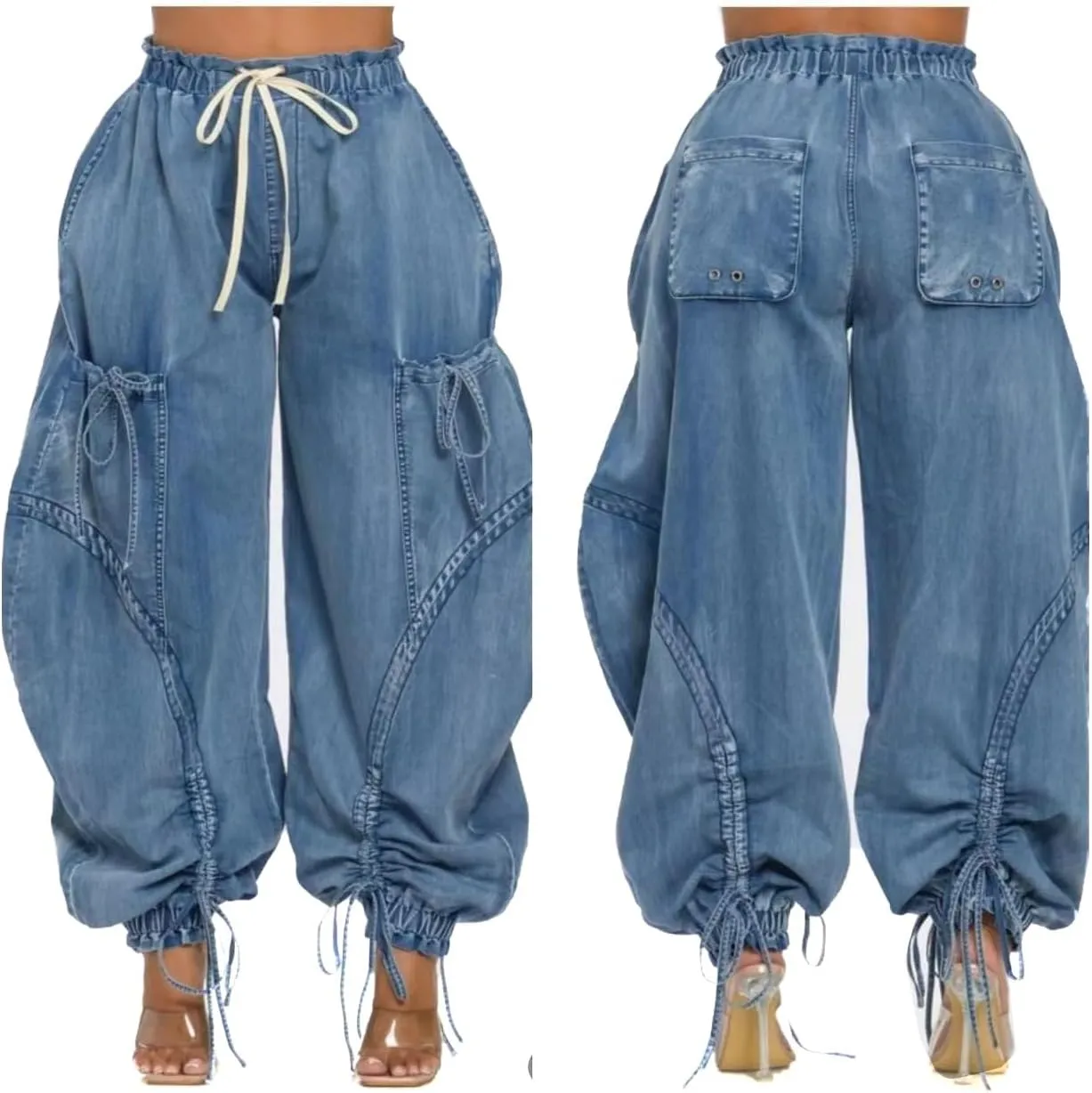 Voghtic Women's Baggy Y2K Elastic Waisted Jeans Bow-Knot Drawstring Pull-On Cargo Denim Pants Harem Pants Streetwear